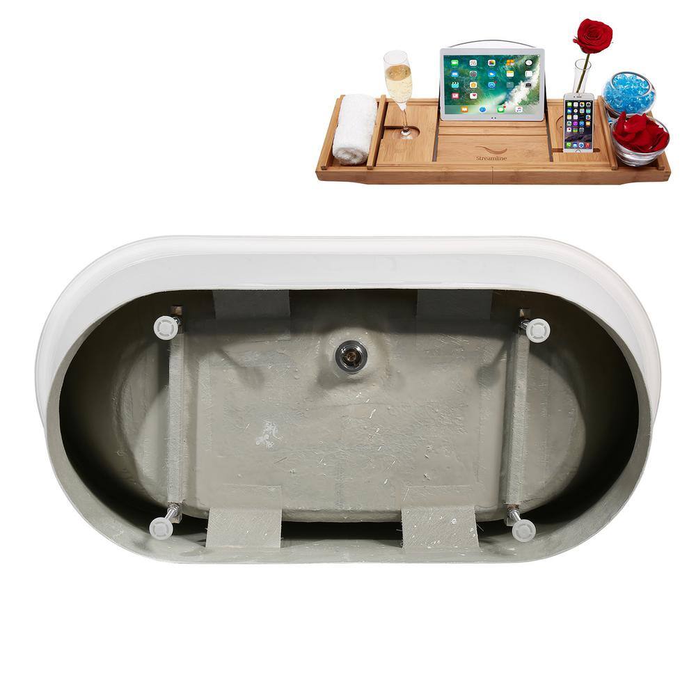 67" Glossy White Acrylic Freestanding Soaking Bathtub with Bamboo Tray