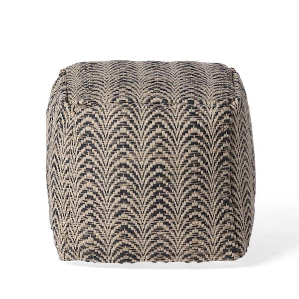 Noble House Hooper Black and Ivory Fabric Cube Pouf