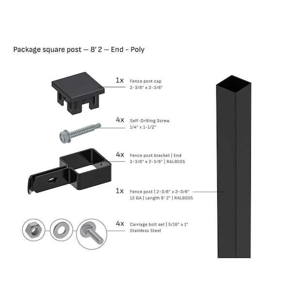 Square 2-3/8 in. x 2-3/8 in. x 8'2 ft. Poly Cap End Fence Black Steel Post (1-Pack)