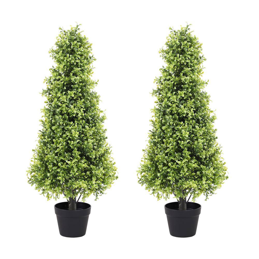 3 ft. Artificial Topiary Boxwood Tree Faux Shrub in Black Plastic Pot 2-Pack