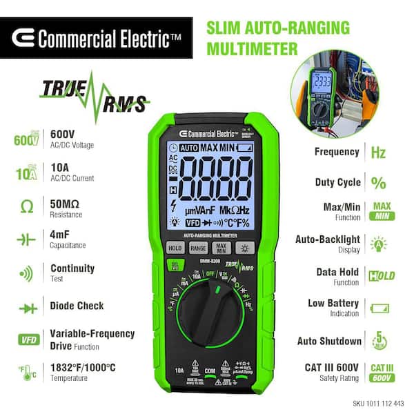 Commercial Electric 600-Volt True RMS Slim Auto-Ranging Digital
