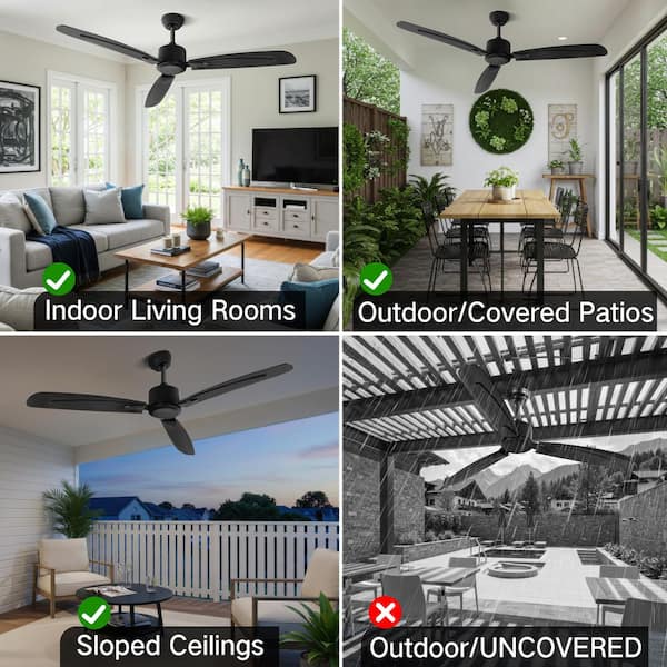 48 in. Indoor/Covered Outdoor Black Ceiling Fan with Remote Control