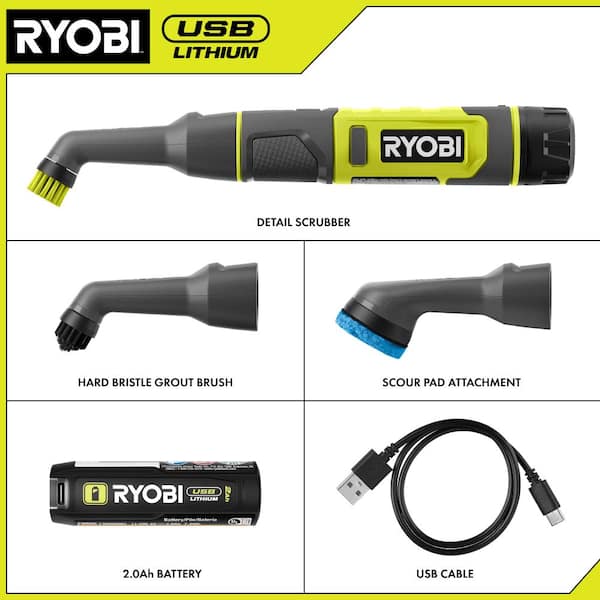 USB Lithium Cordless Compact Detail Scrubber Kit w/ 2Ah Battery, Charging Cable, & Medium and Hard Grout Bristle Brushes