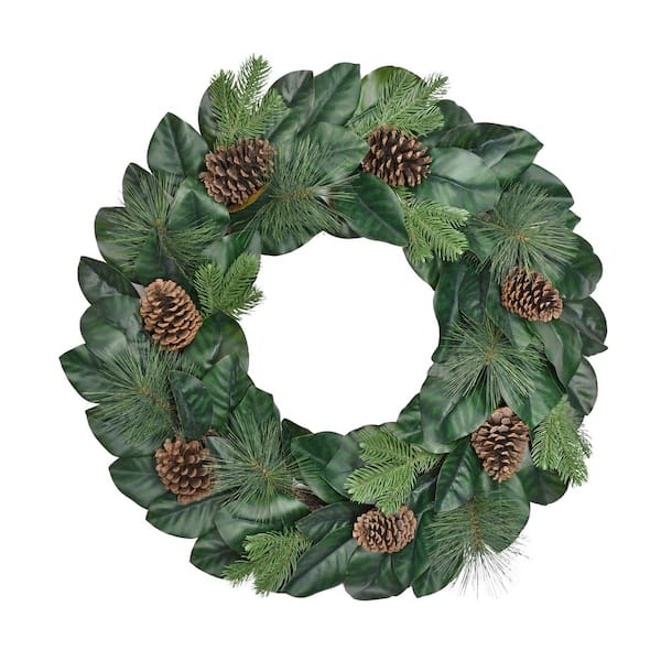 Puleo International 32 in. Green Unlit Magnolia Artificial Christmas Wreath with Pinecones