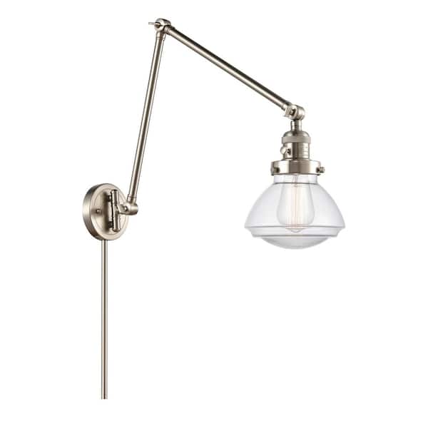Olean 1-Light Brushed Satin Nickel, Clear Hardwired Swing Arm Wall Lamp with Glass Shade and 84 in. Cord