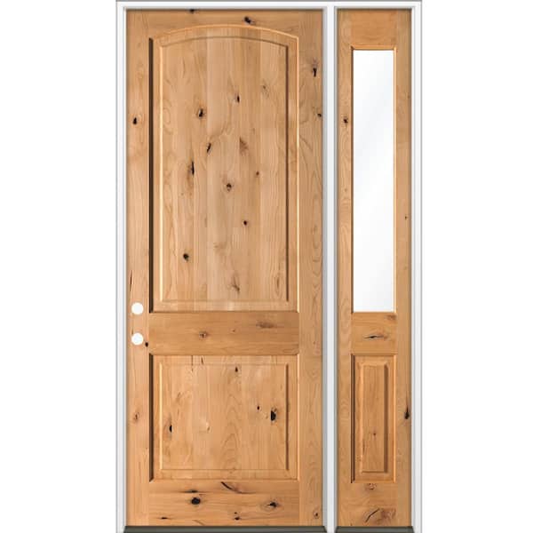 50 in. x 96 in. Knotty Alder 2 Panel Arch-Top Right-Hand/Inswing Clear Glass Cedar Stain Wood Prehung Front Door RHSL