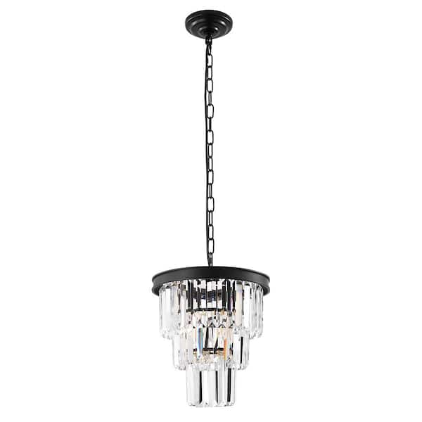 Deyidn Modern 1-Light Black Crystal Chandelier 13 in. for Kitchen Island Pendant Lighting with 3-Tier Clear Crystal Shade