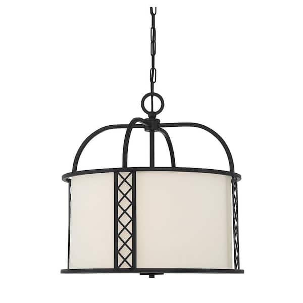 Savoy House Rockford 18 in. 3-Light Matte Black Pendant Light with White Fabric Shade