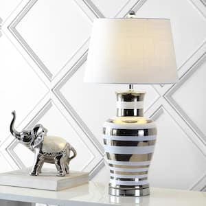 Zilar Striped 28.75 in. Silver Ceramic/Iron Classic Modern LED Table Lamp