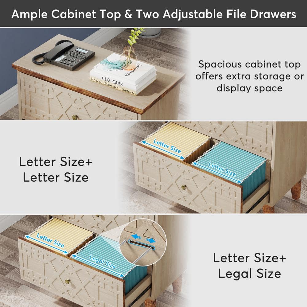Beige and Brown 2-Drawer Wooden Legal Size File Cabinet