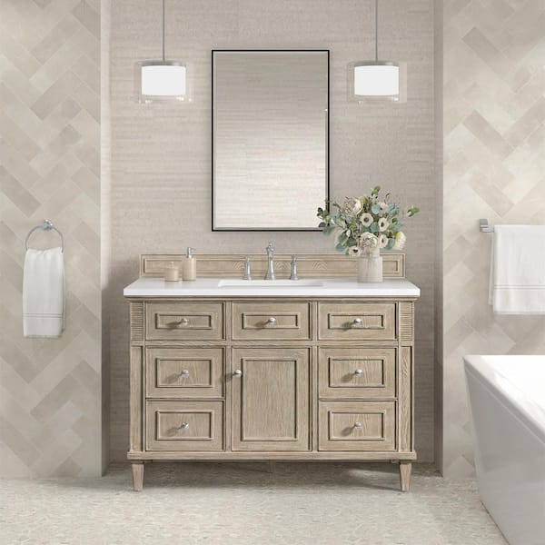 James Martin Vanities Lorelai 48.0 in. W x 23.5 in. D x 34.06 in. H Single Sink Bathroom Vanity in Whitewashed Oak with White Zeus Quartz Top