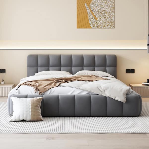 Linen Gray Wood Frame Queen Size Platform Bed