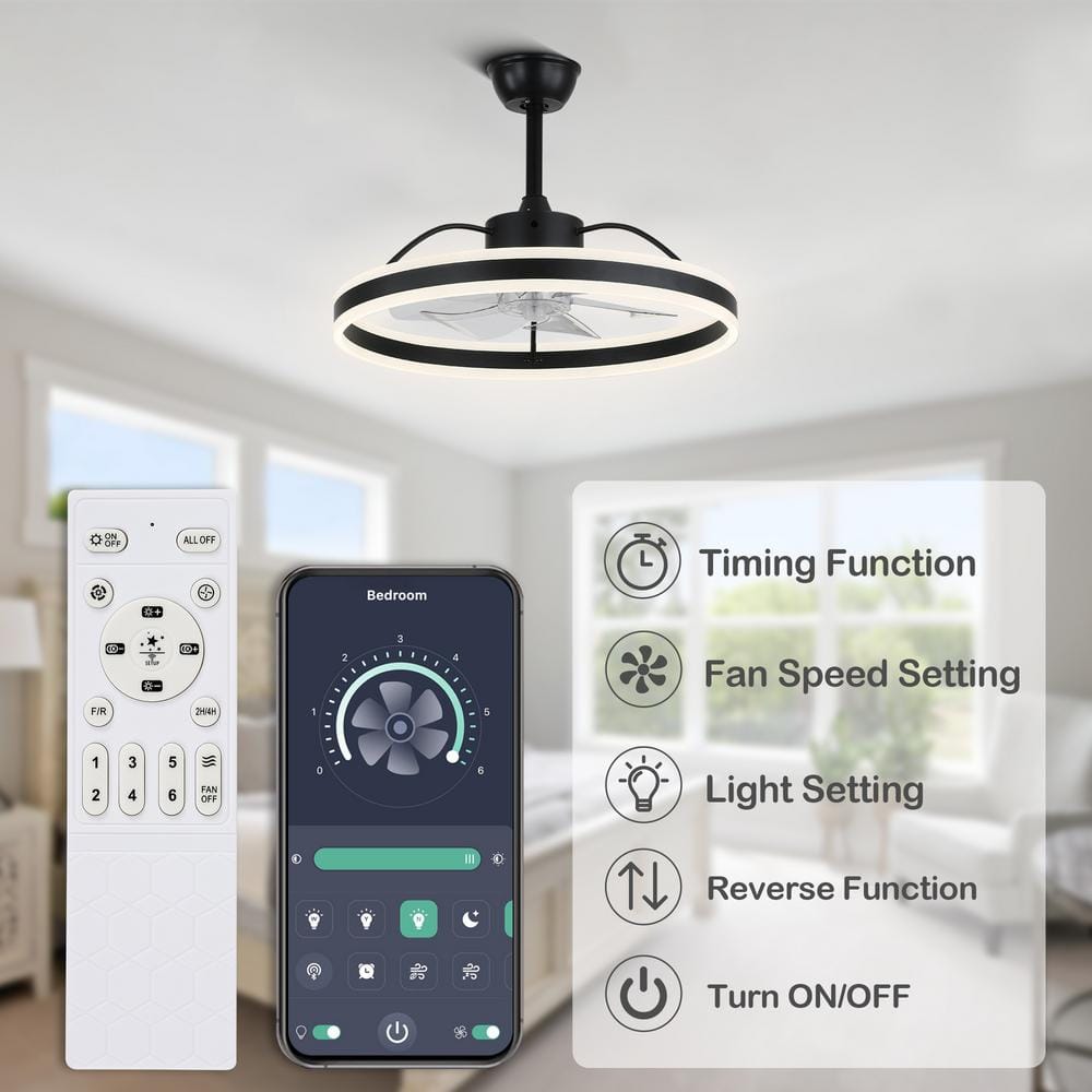 24" Black Modern Smart Ceiling Fan with Dimmable LED Light