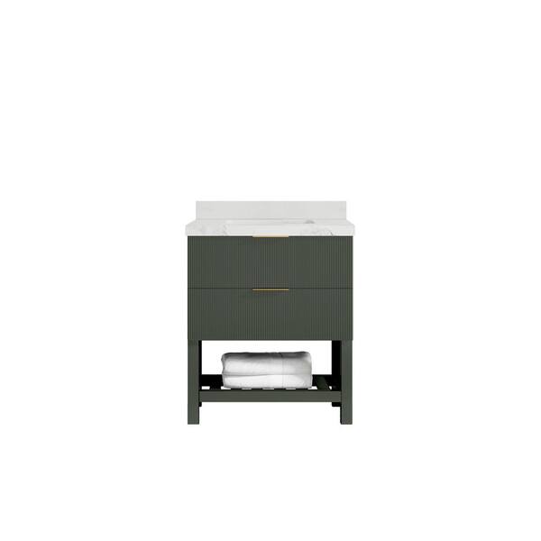 Willow Collections Catalina 30 in. Freestanding Pewter Green Bath Vanity with Calacatta Nuvo Qt. Top Unassembled