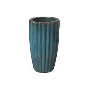 Teal Ceramic Tall Round Ridge Pot