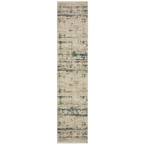 AVERLEY HOME Solano Beige/Green 2 ft. x 12 ft. Abstract Shadows Wool Nylon Blend Fringe-Edge Indoor Runner Area Rug