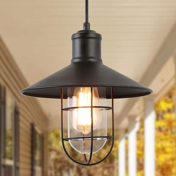 Modern Industrial 1-Light Black Pendant with 10.2 in. W Clear Glass Shade Metal Wire Cage Shade Barn Ceiling Chandelier
