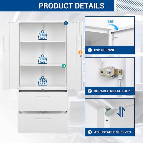 LISSIMO 31.50 in. W x 70.87 in. H x 15.75 in. D 2 Adjustable Shelves Steel Freestanding Cabinet with 2 Drawers and Lock in White