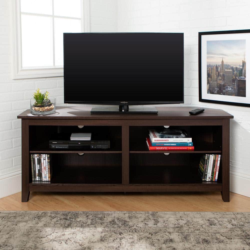 Espresso Corner Wood Media Stand with Adjustable Shelving