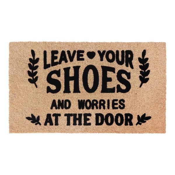 A1HC Leave Your Shoes Black 24 in. x 36 in. Natural Coir Heavy Duty Non Slip PVC Backing Outdoor Welcome Mat