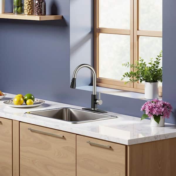 Single Handle Pull Down Sprayer Kitchen Faucet with Deck Plate in Black Nickel