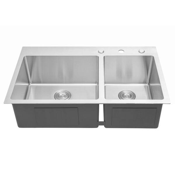 Serene Valley Stainless Steel 36 in. Double Bowl Drop-In or Undermount Kitchen Sink with Thin Divider, Silver