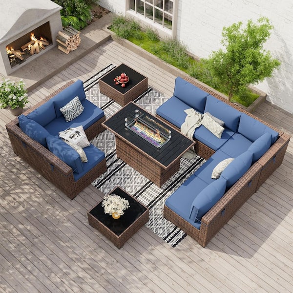 Poteban 8-Person Brown Wicker Outdoor Sectional Set with Fire Pit Table, 2 Coffee Tables and Navy Cushions