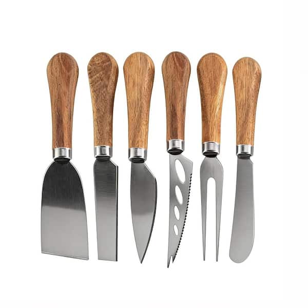 6-Piece Stainless Steel Cheese Knife Set with Acacia Wood Handle for Charcuterie Boards, Cheese Slicing