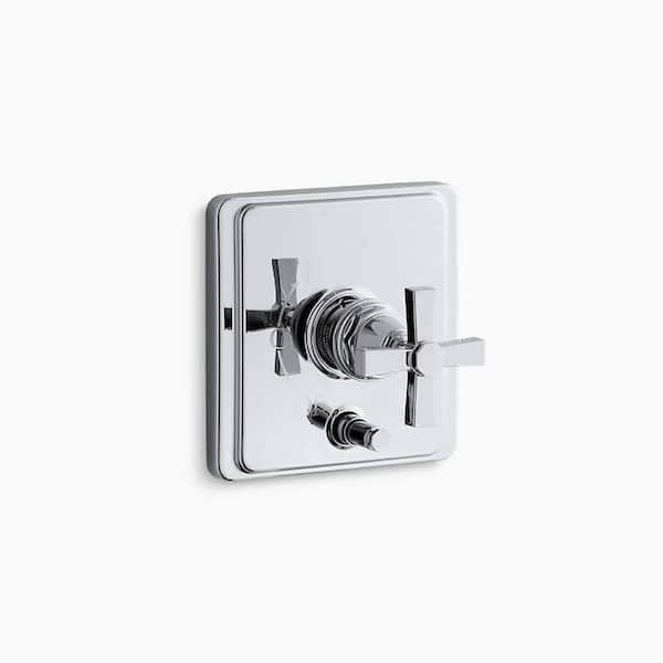KOHLER Pinstripe Rite-Temp 1-Handle Valve Trim with Push-Button Diverter and Cross Handle in Polished Chrome