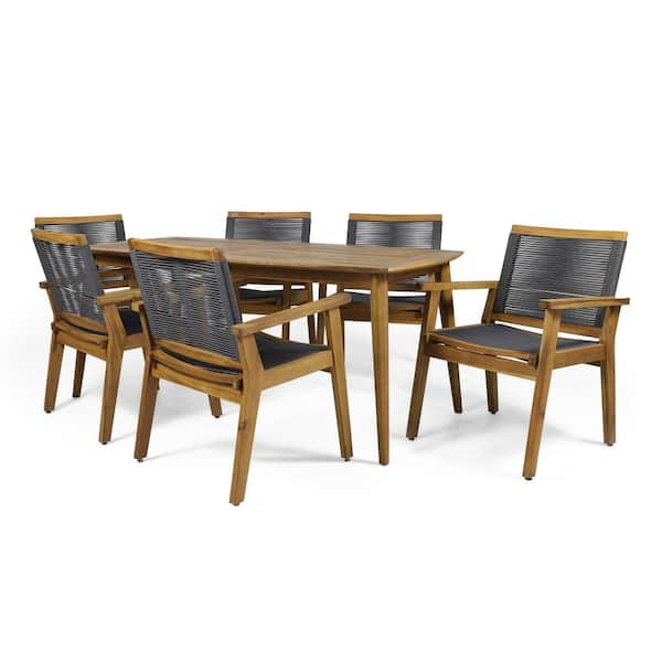 Noble House Mcgill Teak Brown 7-Piece Wood Rectangular Outdoor Patio Dining Set