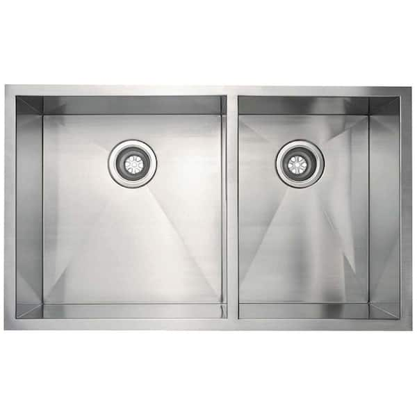 Belle Foret All-in-One Undermount Stainless Steel 33x18x10 0-Hole Double Bowl Kitchen Sink in Satin