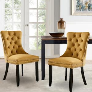 High-end Tufted Solid Wood Contemporary Velvet Upholstered Dining Chair with Wood Legs 2-Pcs Set in Gold Dining Chair