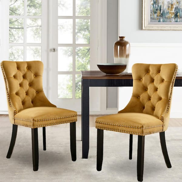Unbranded High-end Tufted Solid Wood Contemporary Velvet Upholstered Dining Chair with Wood Legs 2-Pcs Set in Gold Dining Chair