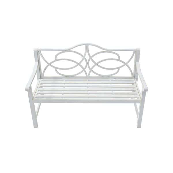 22.5 in. White Frame Metal Outdoor Bench with Backrest and Armrest for Park, Yard, Porch, Balcony