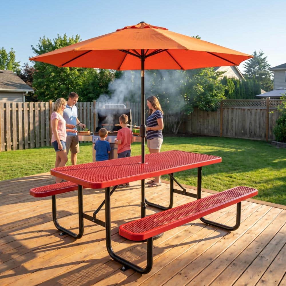 Red 72-inch Rectangular Steel Picnic Table & Chair Set with Umbrella Hole Seats 4-6 People Perfect for Parks, School price history on PriceWatchPro
