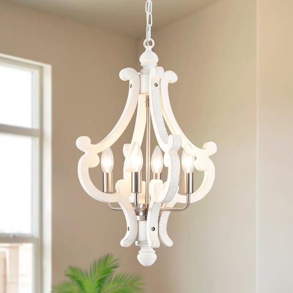 LWYTJO Eron 4-Light Nickel Orb Farmhouse Chandelier Rustic Antique Wooden White Shade French Country Kitchen Island Pendant