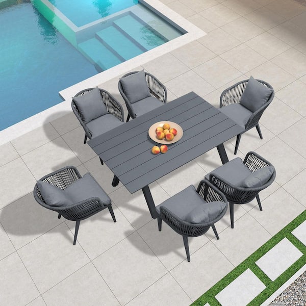 7-Piece All-Weather Wicker Outdoor Dining Set with Table All Aluminum Frame and Grey Cushions for Garden Backyard Deck