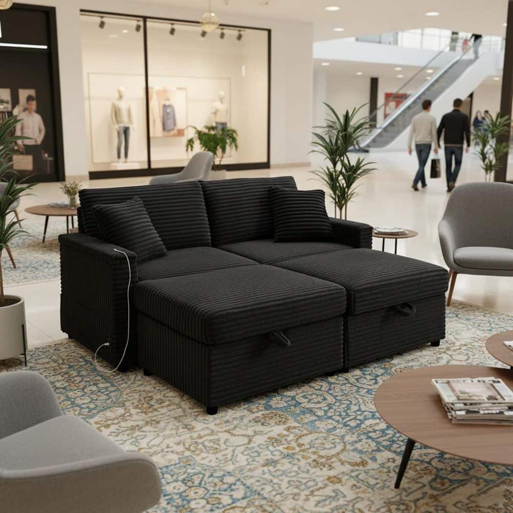 ICRE 69 in. Straight Arm 2-Piece Corduroy Sectional Sofa with Storage Ottoman and Hidden Table, in Jet Black price history on PriceWatchPro
