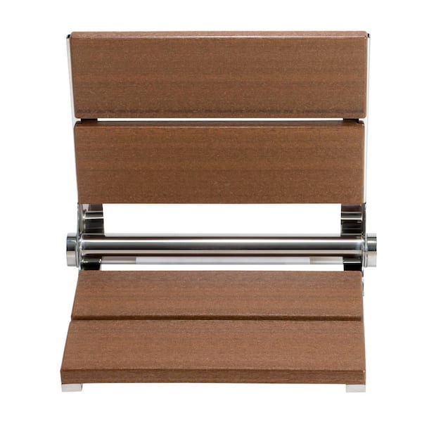 18 in. Wall Mounted Fold Down Composite Shower Seat in Antique Mahogany Wood Grain Finish with a Chrome Frame