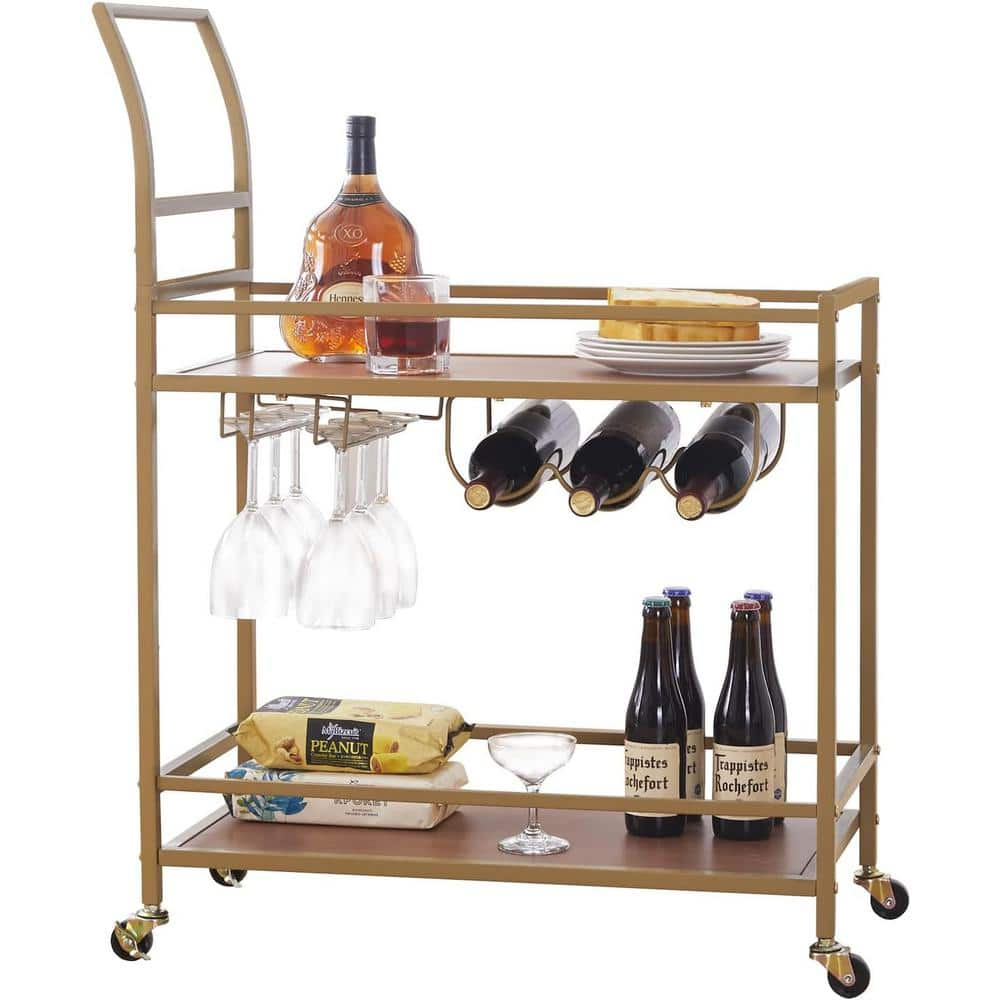 Gold Wood Wine Kitchen Cart with Wheels and Wine Rack SeaSWag03 - The ...