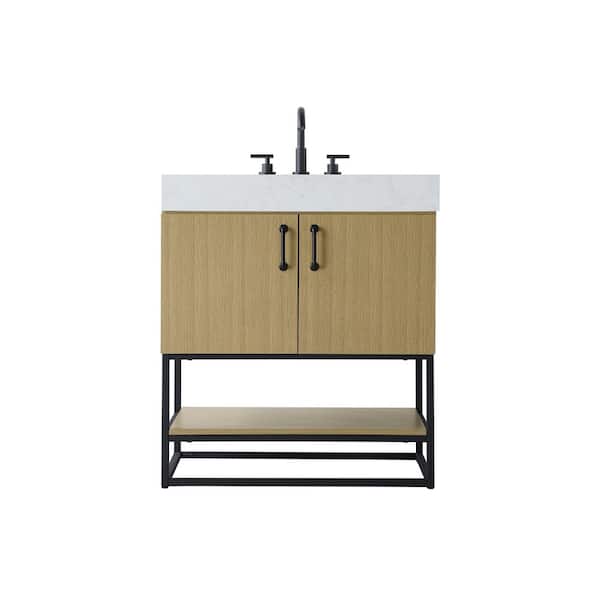 30 in. Single Sink Honey Brown Bath Vanity with White Engineered Marble Top