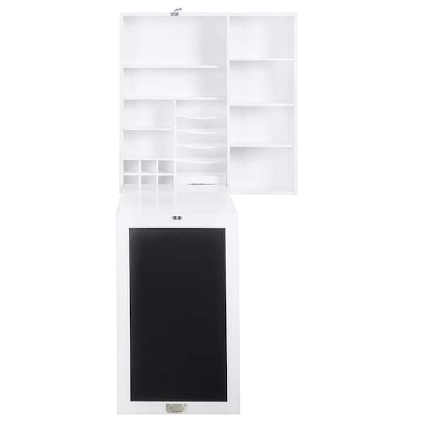 Utopia Alley 31.5 in. Rectangular Floating White Wood Fold Down desk Wall Cabinet with Chalkboard with USB outlet