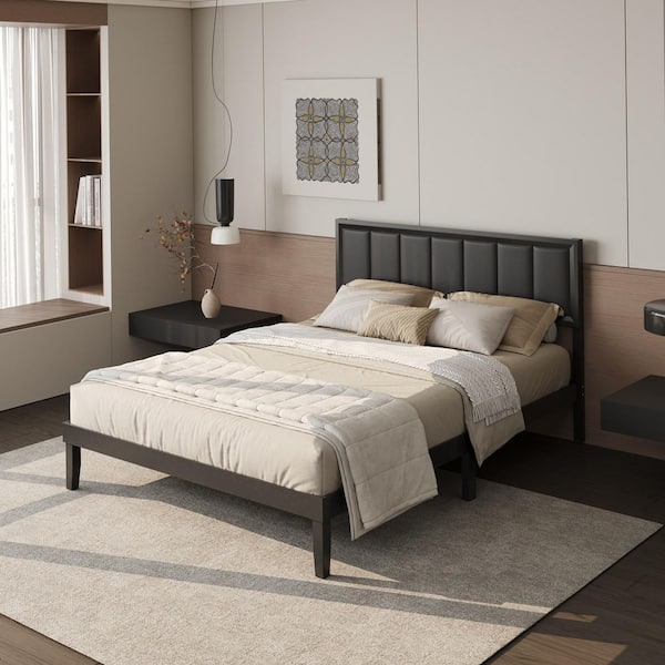 Black Rubberwood Frame Queen Panel Bed with Upholstered Headboard and Sturdy Pine Slats