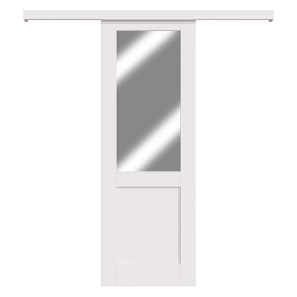 28 in. x 80 in. Hidden Track Style 1/2 Lite Mirrored Glass White Primed MDF Sliding Barn Door with Hardware Kit