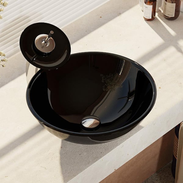Rene Glass Vessel Sink in Noir with Waterfall Faucet and Pop-Up Drain in Chrome