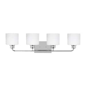 Canfield 31 in. 4-Light Chrome Minimalist Modern Wall Bathroom Vanity Light with Etched White Glass Shades