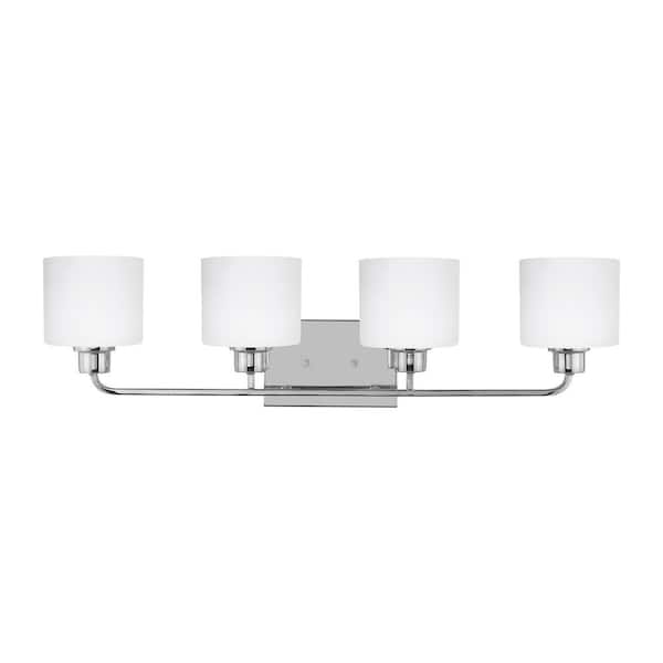Generation Lighting Canfield 31 in. 4-Light Chrome Minimalist Modern Wall Bathroom Vanity Light with Etched White Glass Shades