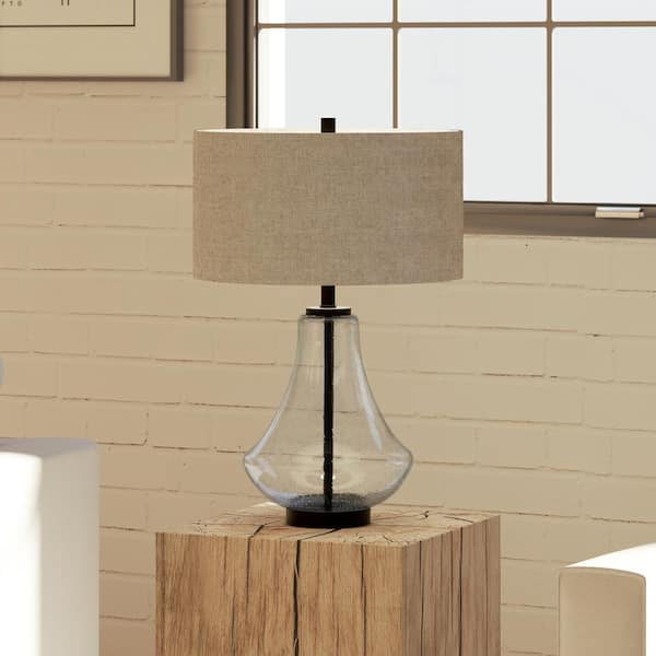 Seeded Glass Table Lamp With Flax Shade, Table Lamp Bronze