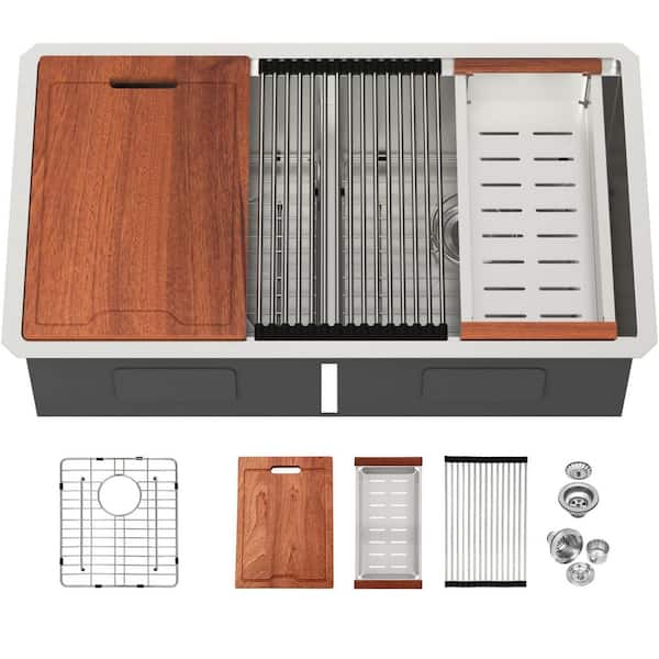 36 in. Drop-In Double Bowl 16 Gauge Brushed Nickel Stainless Steel Kitchen Workstation Sink with Accessories Bundle