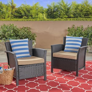 St. Lucia Brown Armed Faux Rattan Outdoor Patio Lounge Chair with Tan Cushion (2-Pack)